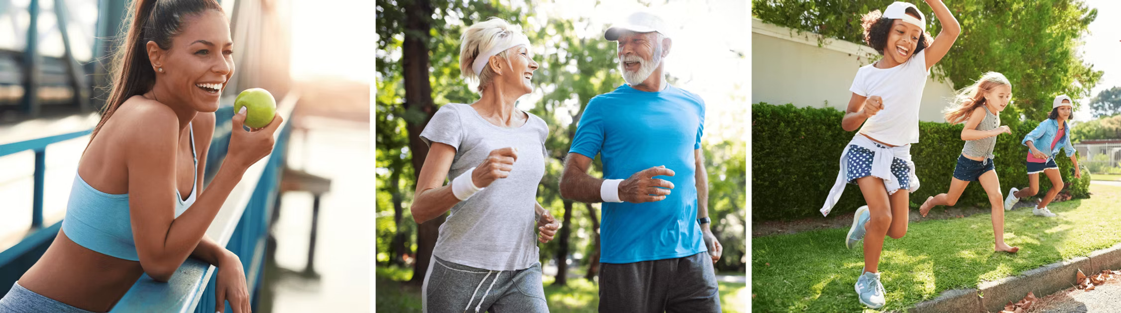 Diverse healthy people - woman with apple, elderly couple jogging, kids running
